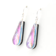 Teardrop-shaped earrings with iridescent finish on a white background