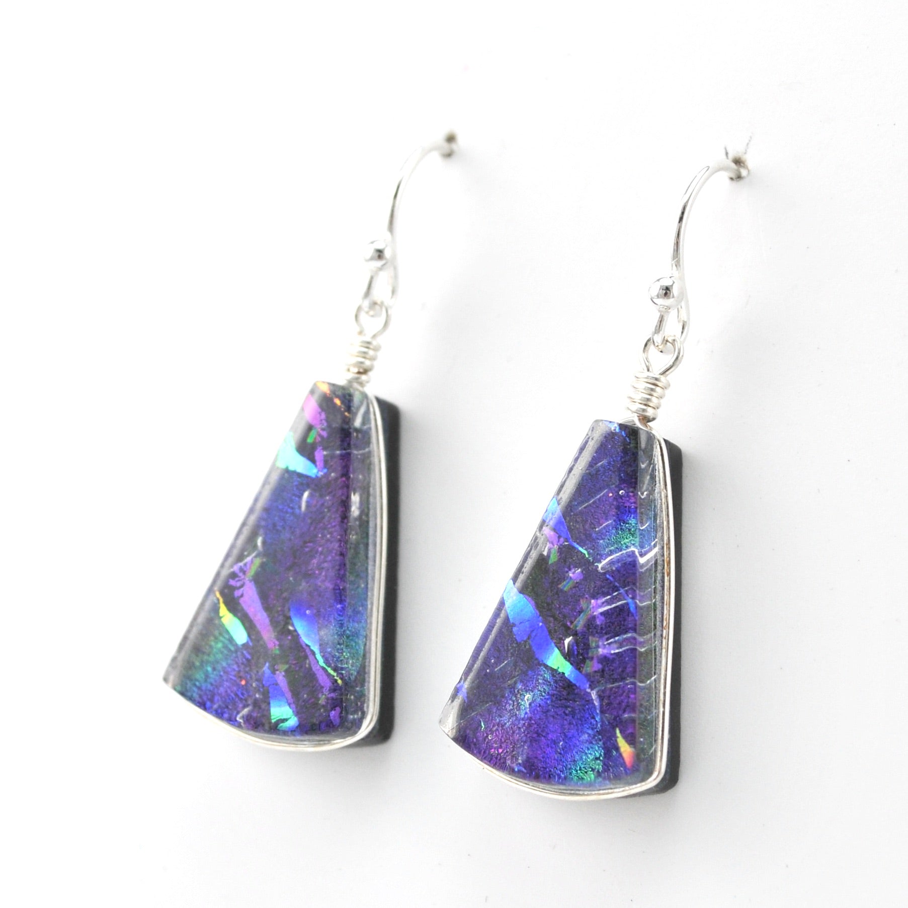 Side View Dichroic Glass Purple Rainbow Fan Dangle Earrings