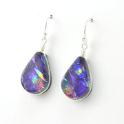 Side View Dichroic Glass Purple Rainbow Lotus Dangle Earrings