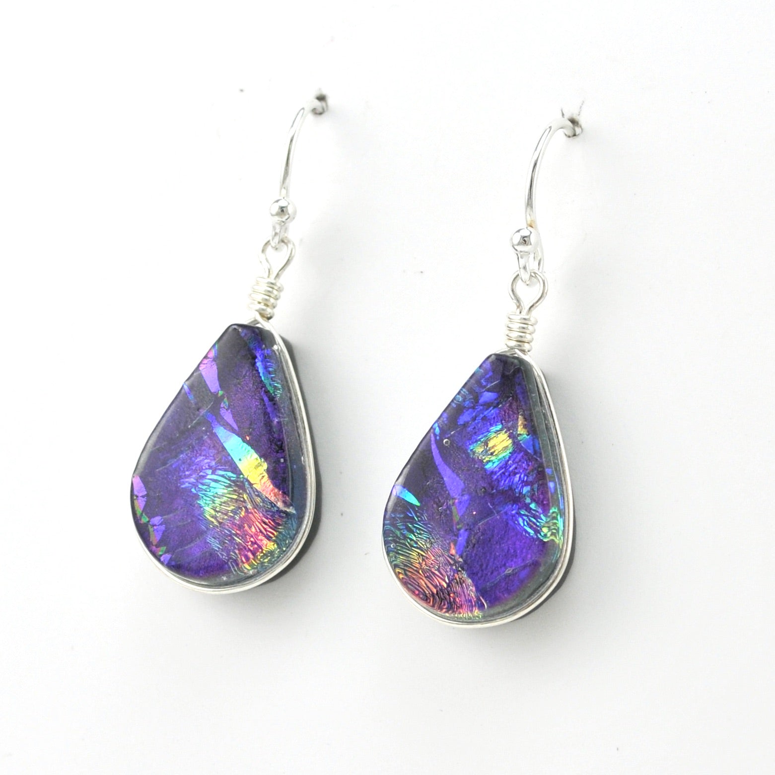 Side View Dichroic Glass Purple Rainbow Lotus Dangle Earrings