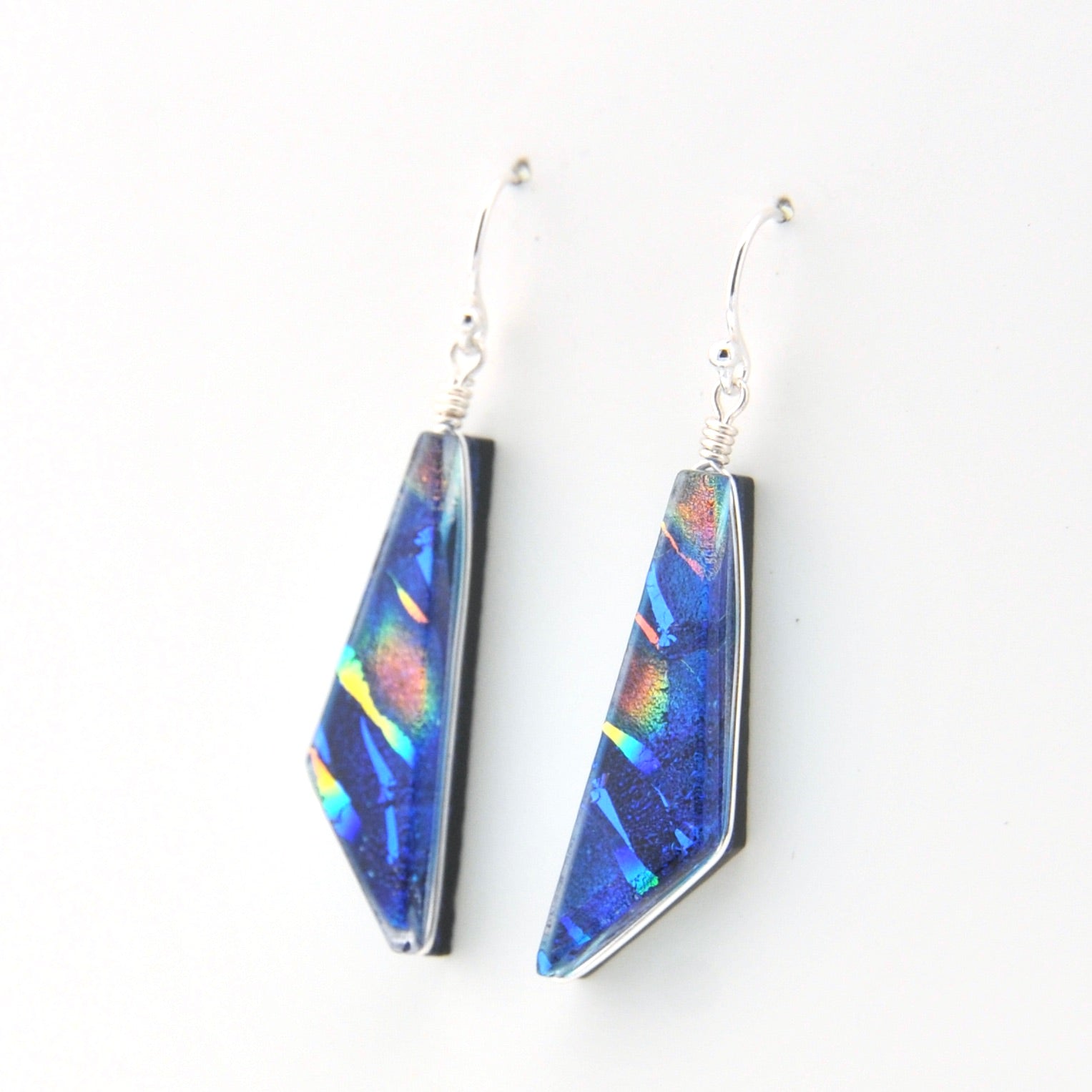 Side View Dichroic Glass Rainbow Blue Comet Dangle Earrings