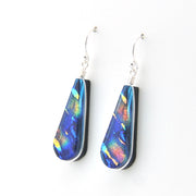 Teardrop-shaped earrings with multicolored iridescent finish on a white background