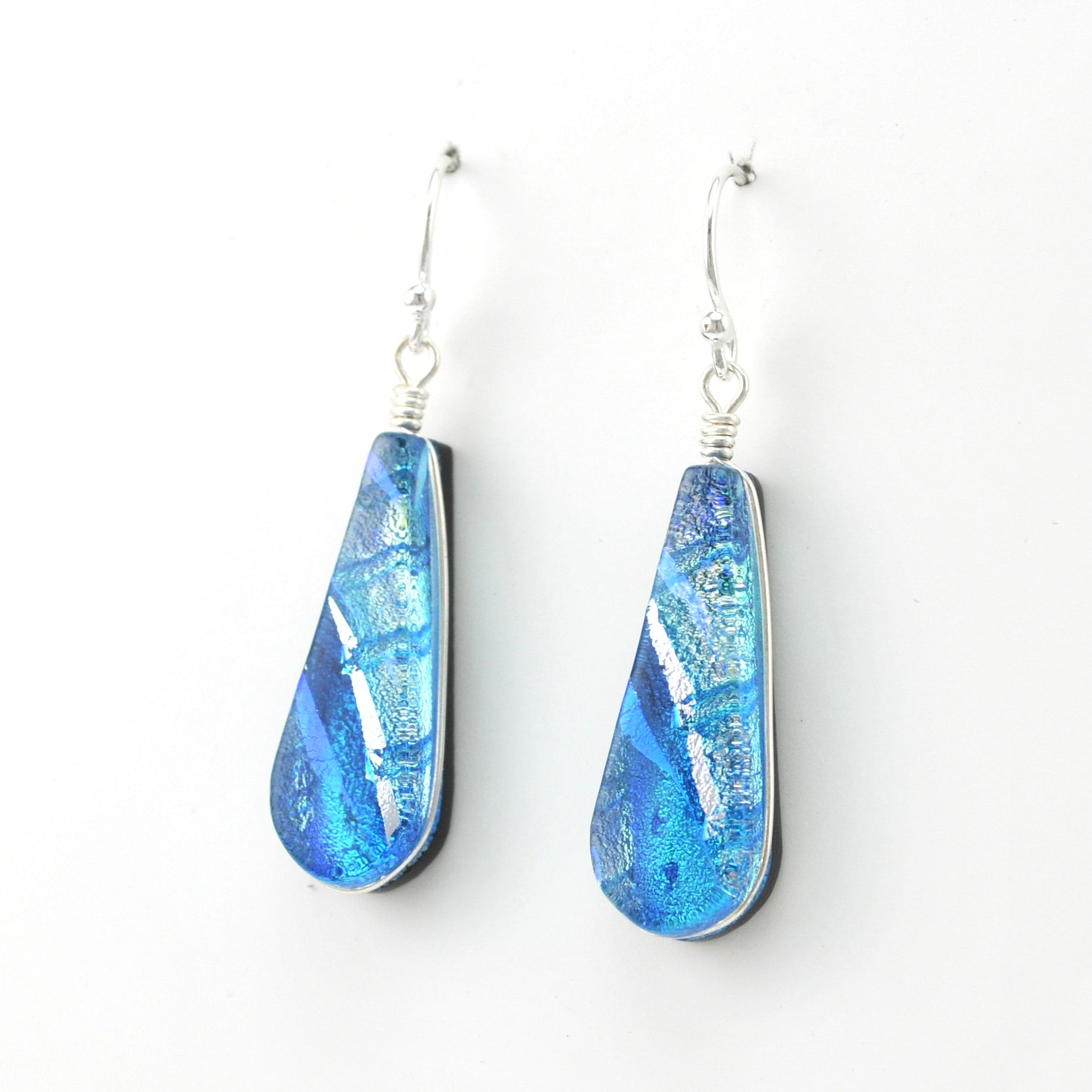 Side View Dichroic Glass Sea Blue Teardrop Dangle Earrings