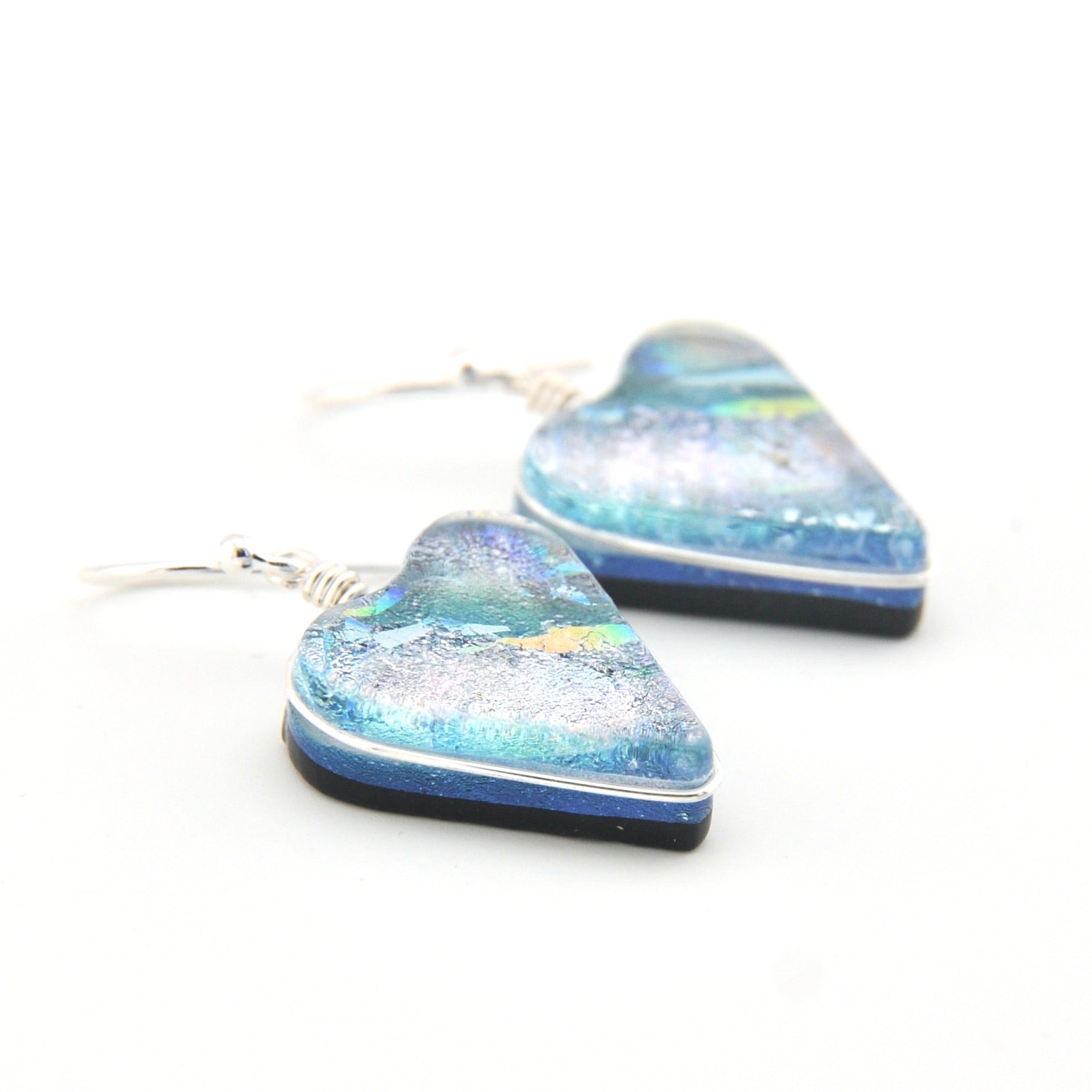 Side View Dichroic Glass Silver Heart Dangle Earrings