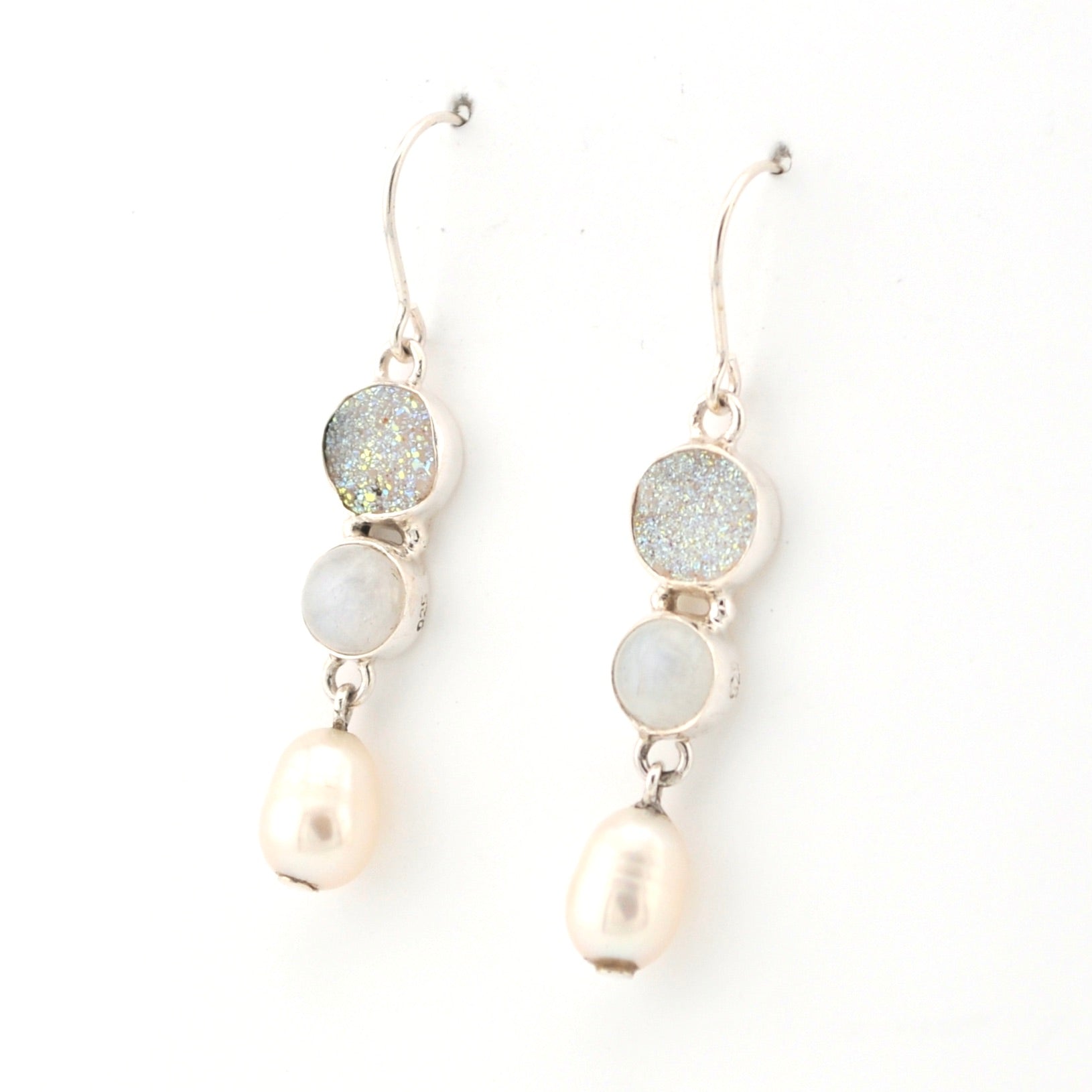 Side View Druzy Moonstone Pearl Dangle Earrings