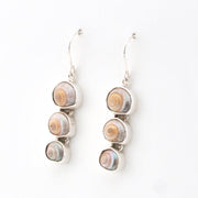 Pair of silver earrings with circular shell-like designs on a white background