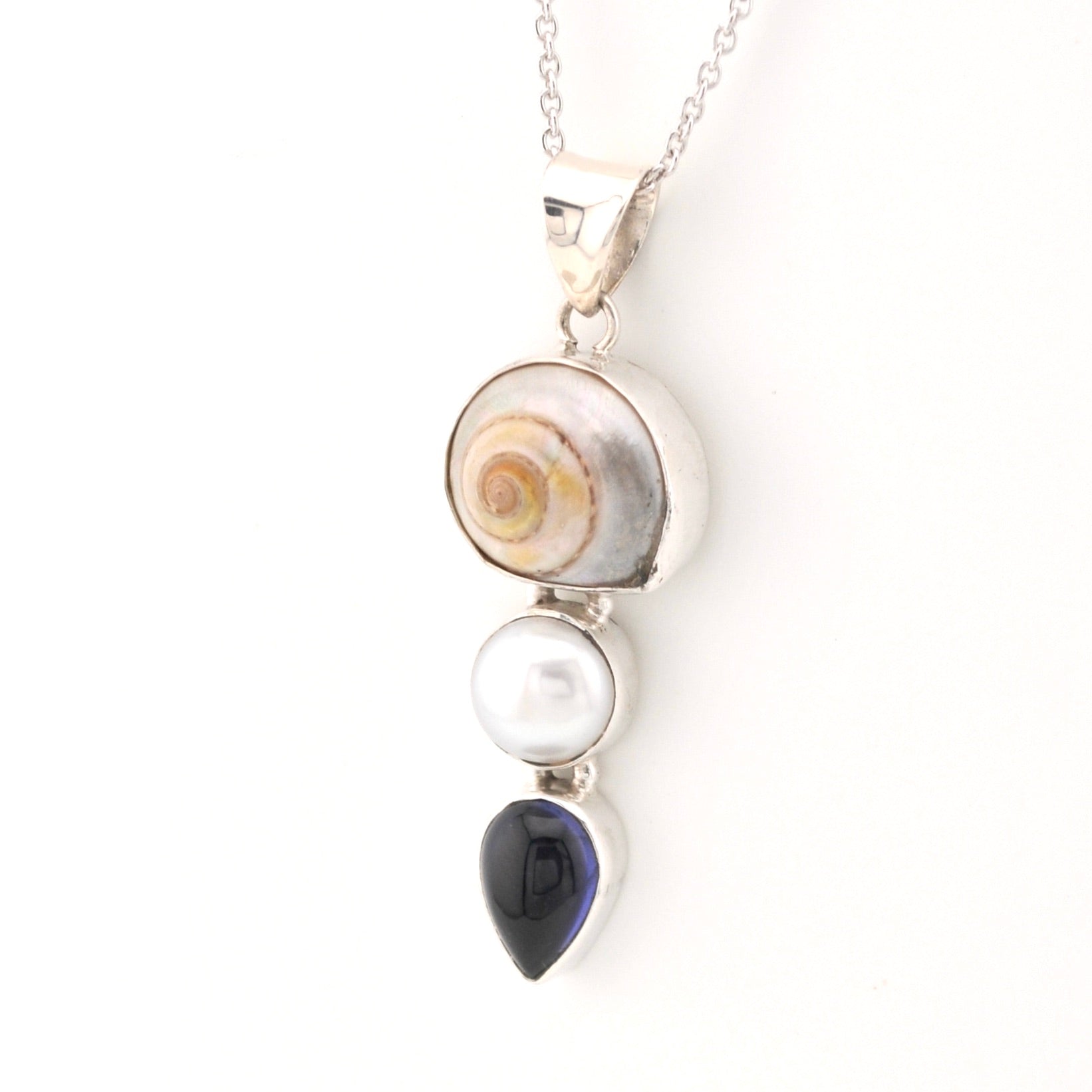 Side View Malabar Shell Pearl Iolite Necklace