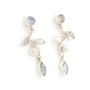 Side View Moonstone Pearl White Topaz Branch Earrings