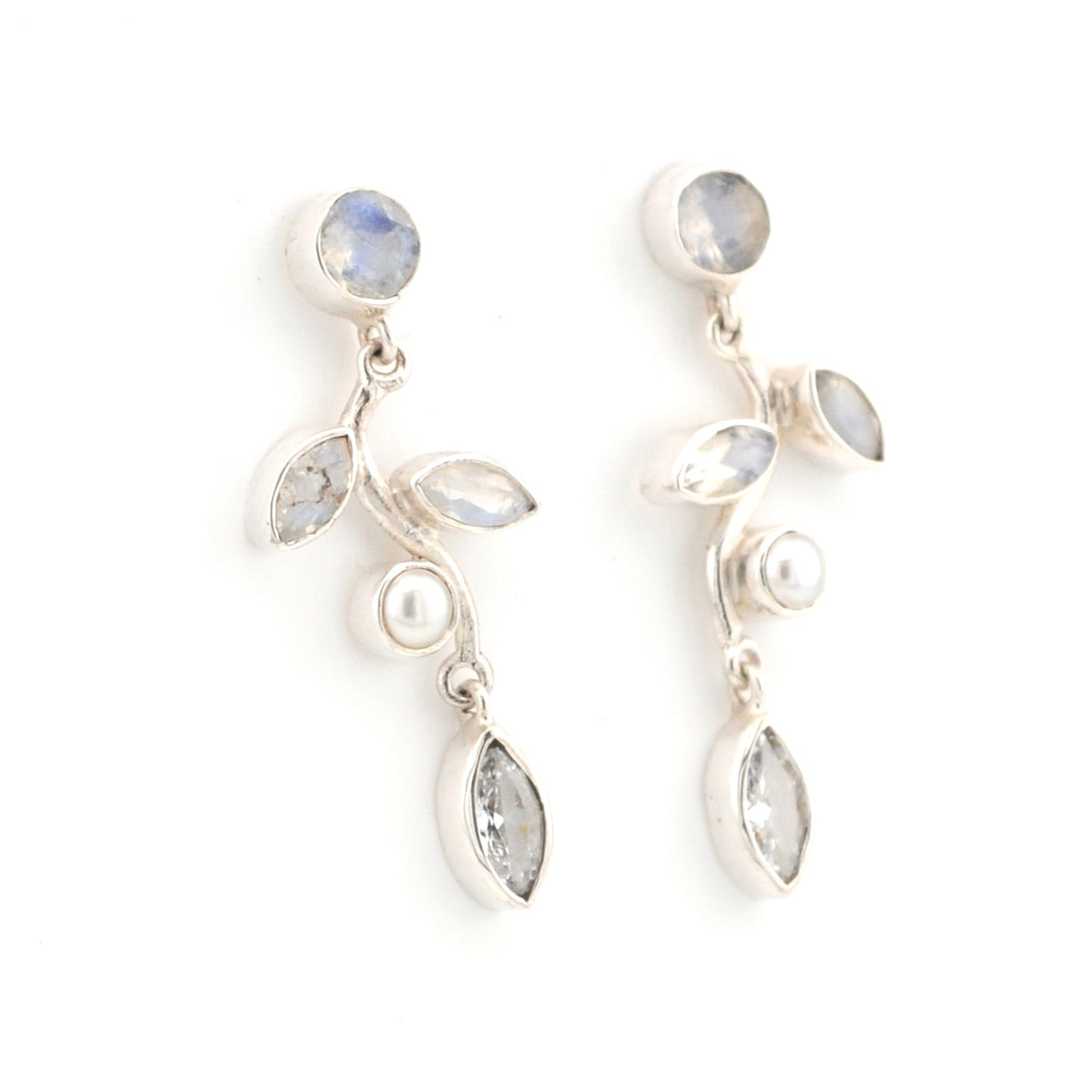 Side View Moonstone Pearl White Topaz Branch Earrings