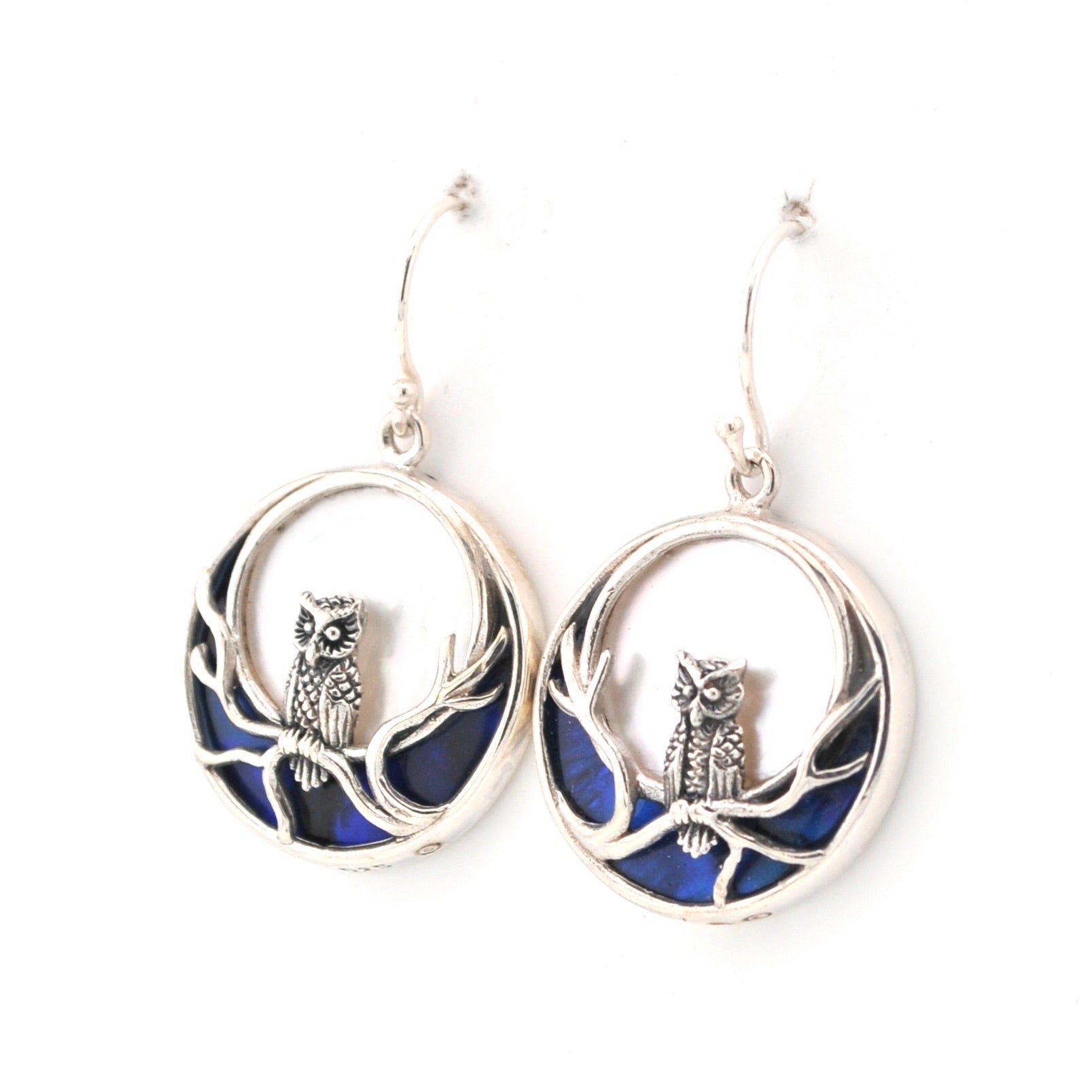 Silver earrings with owl designs on a white background