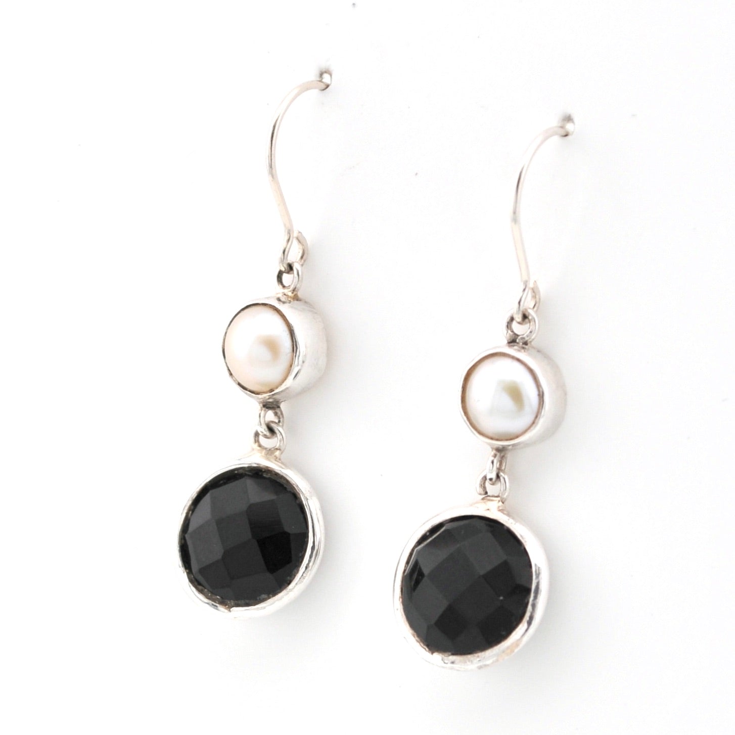 Side View Pearl Black Onyx Round Dangle Earrings