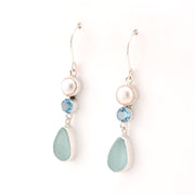 Side View Pearl Blue Topaz Aqua Sea Glass Earrings