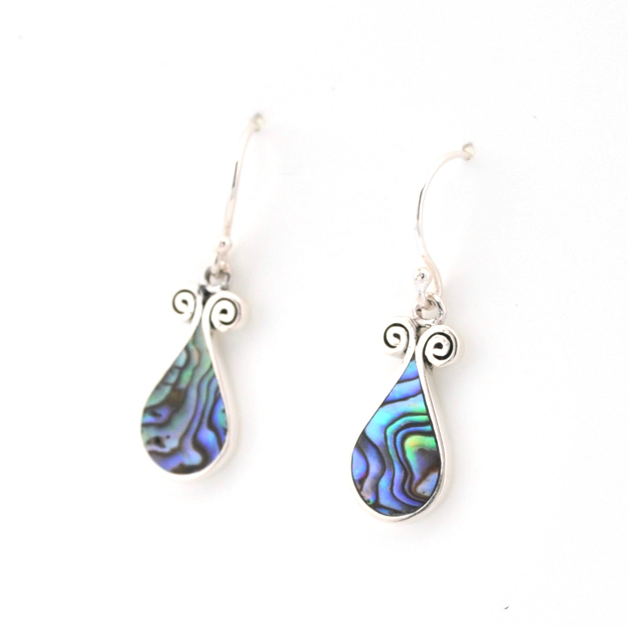 Teardrop-shaped earrings with abalone shell inlay on a white background