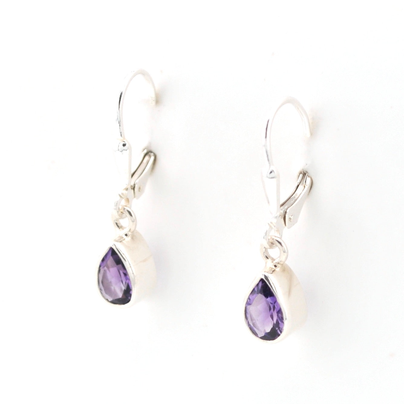 Side View Silver Amethyst 5x7mm Tear Dangle Earrings