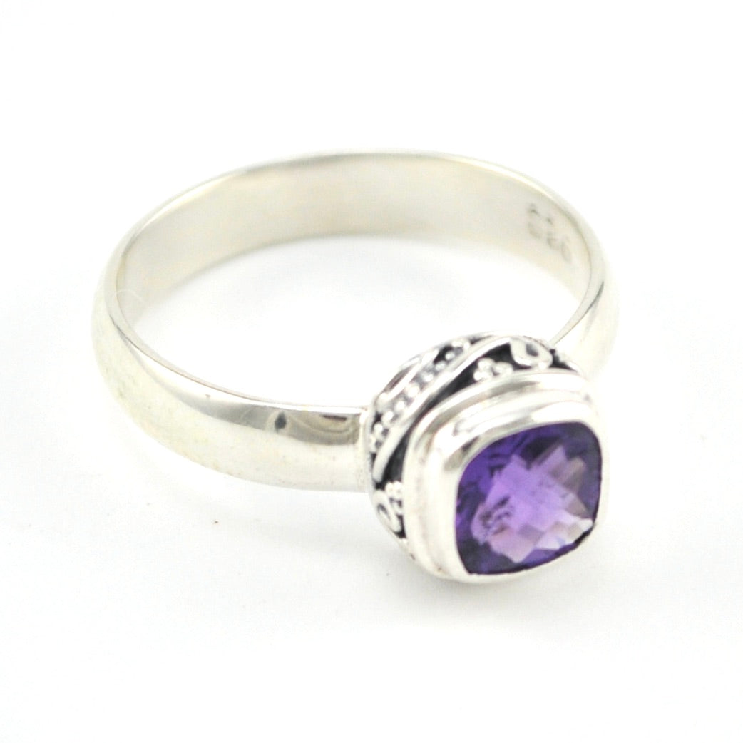 Side View Silver Amethyst 6mm Square Bali Ring
