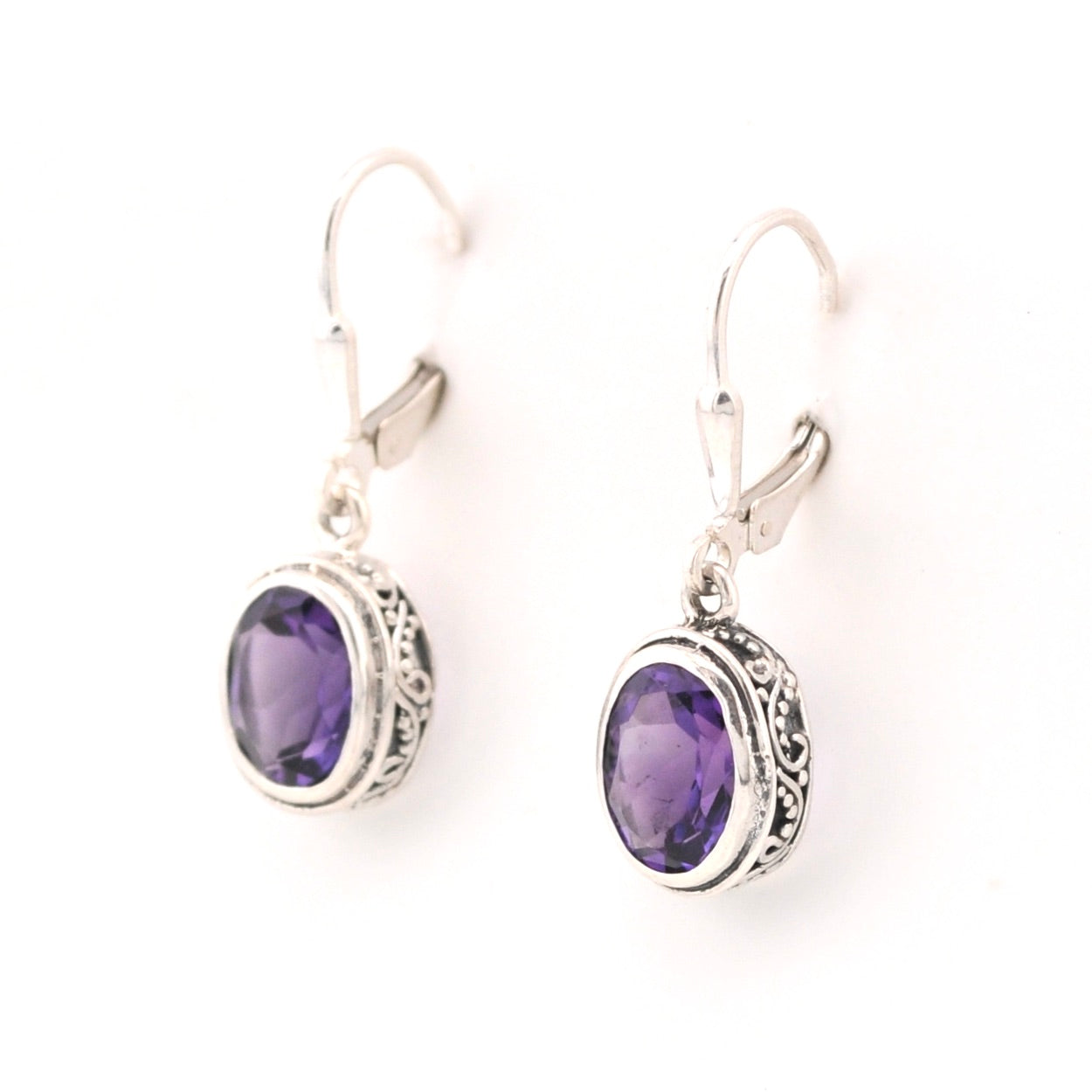 Side View Silver Amethyst 7x9mm Oval Bali Dangle Earrings