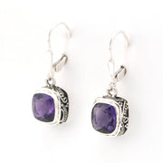 Side View Silver Amethyst 8mm Square Bali Dangle Earrings