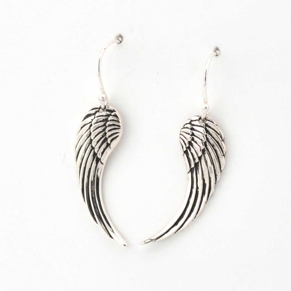 Side View Silver Angel Wing Dangle Earrings