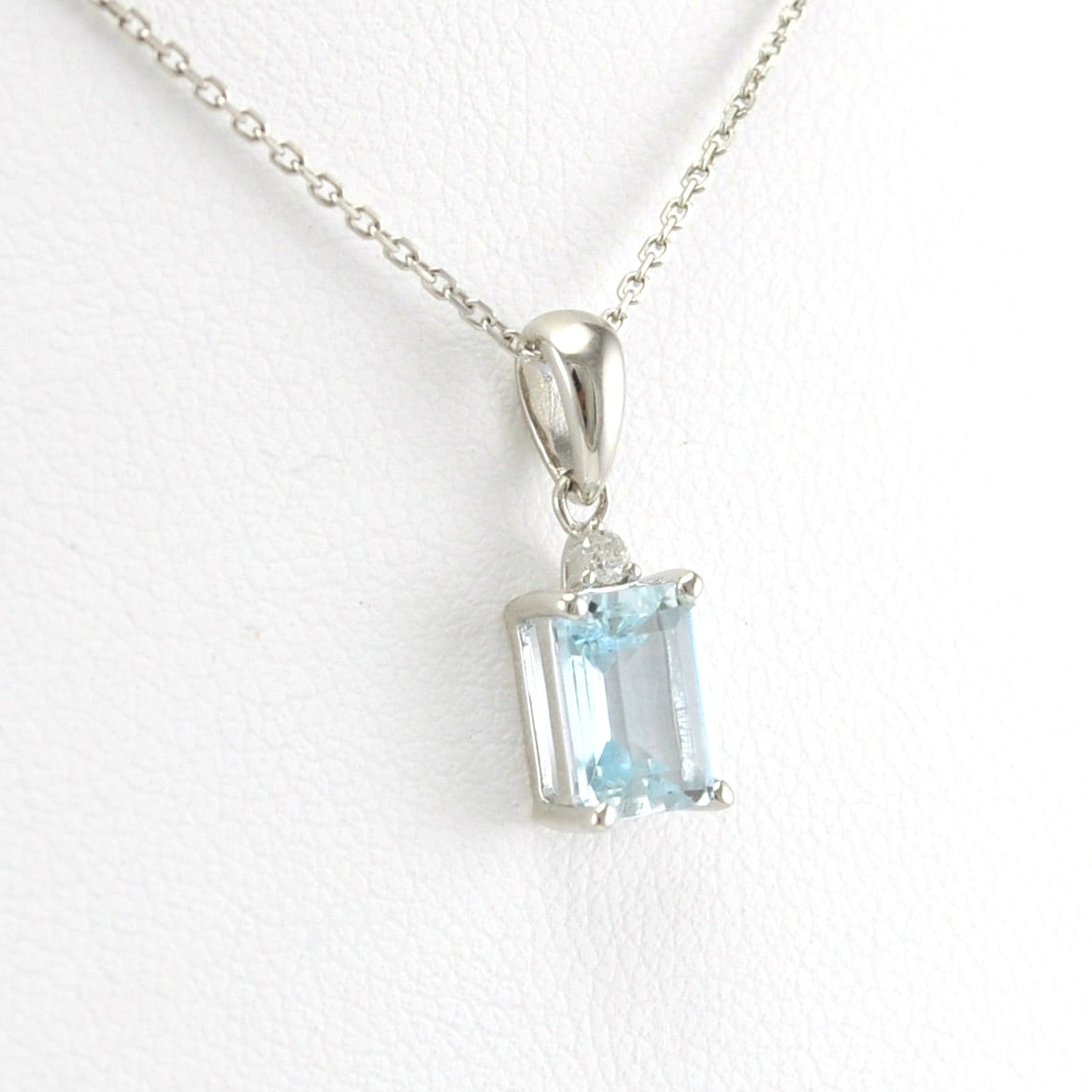 Side View Silver Aquamarine .8ct Rectangle Diamond .02ct Necklace