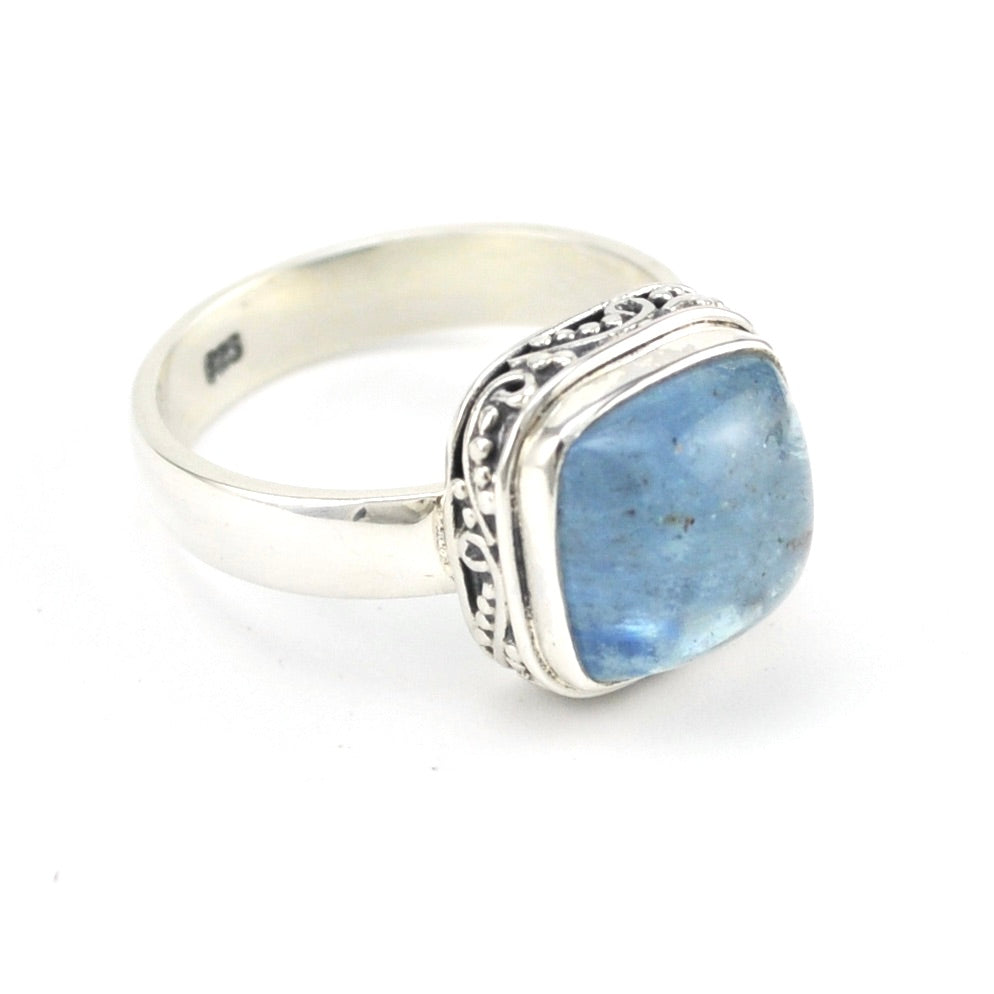 Side View Silver Aquamarine 10mm Square Bali Ring