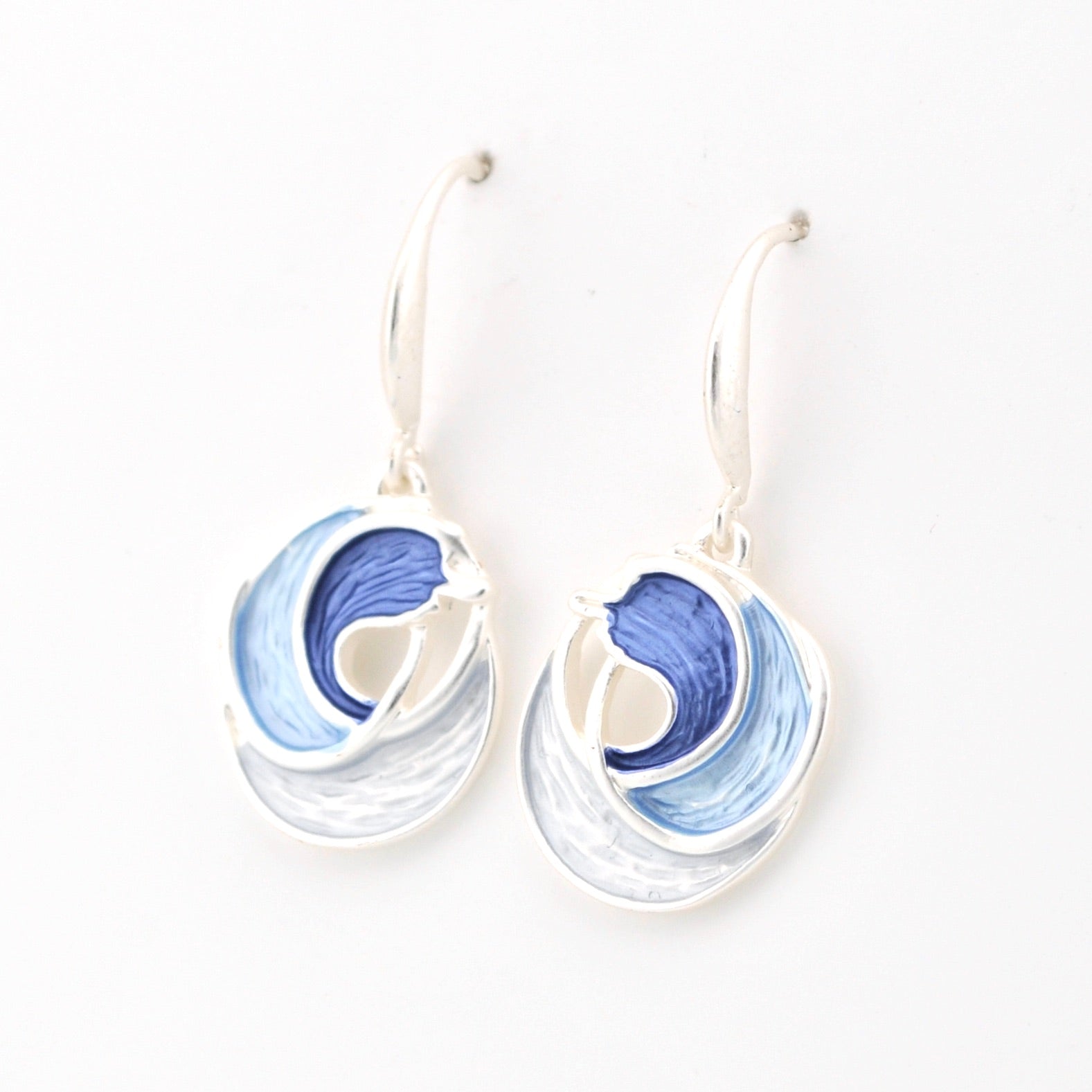 Side View Silver Blue Ocean Waves Earrings