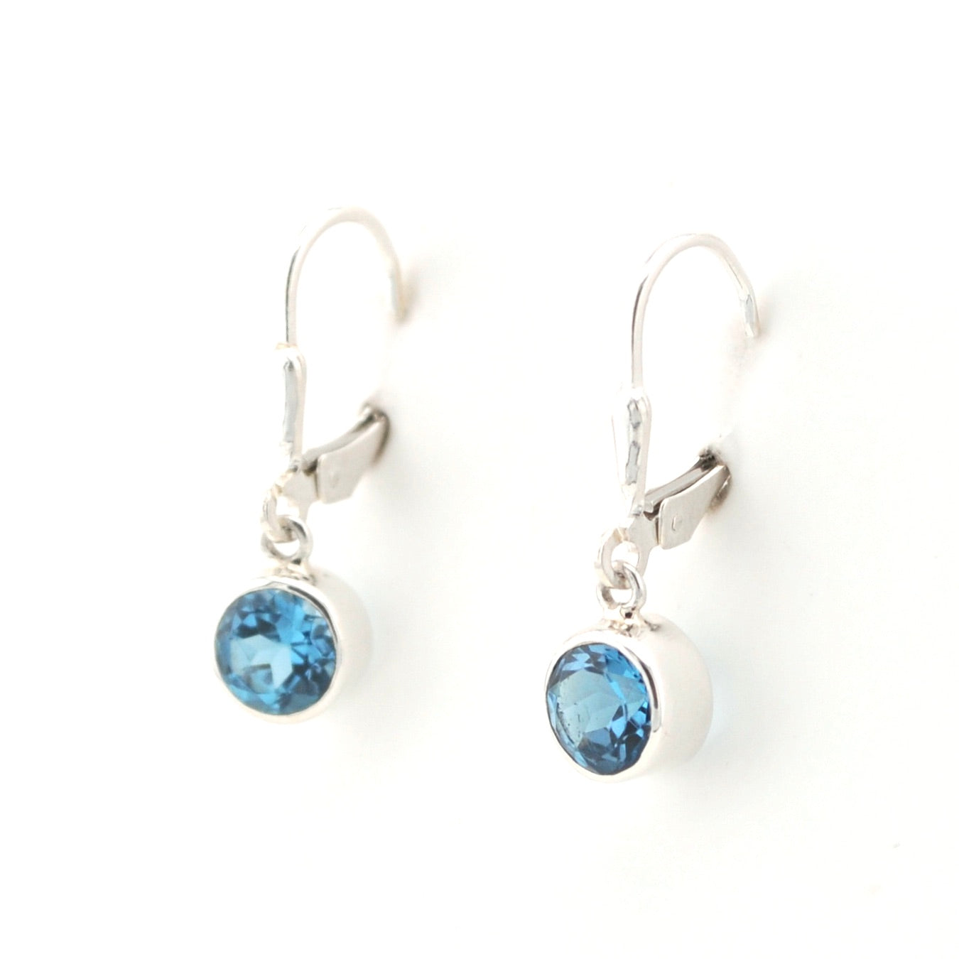 Side View Silver Blue Topaz 6mm Round Dangle Earrings