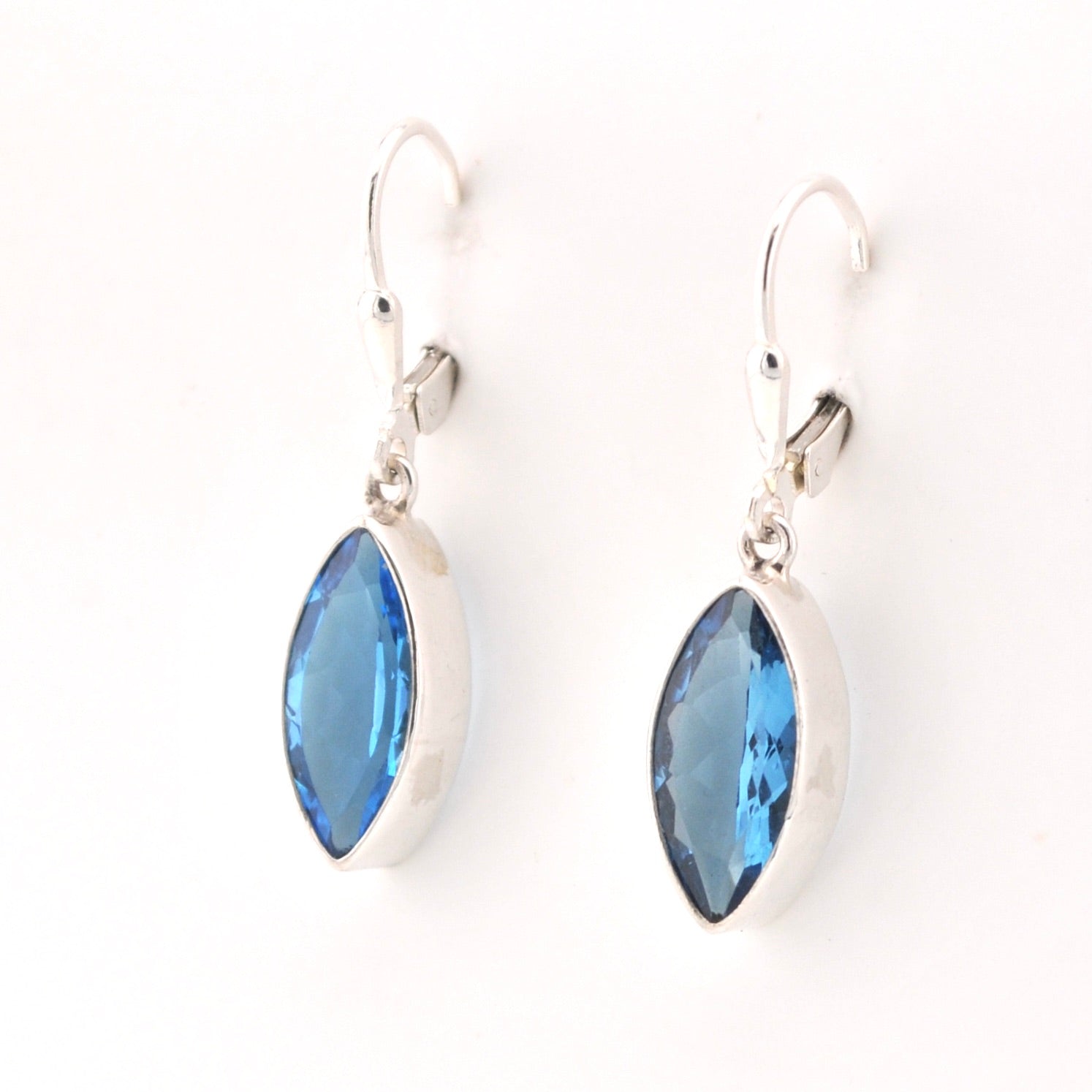 Side View Silver Blue Topaz 7x15mm Marquise Dangle Earrings