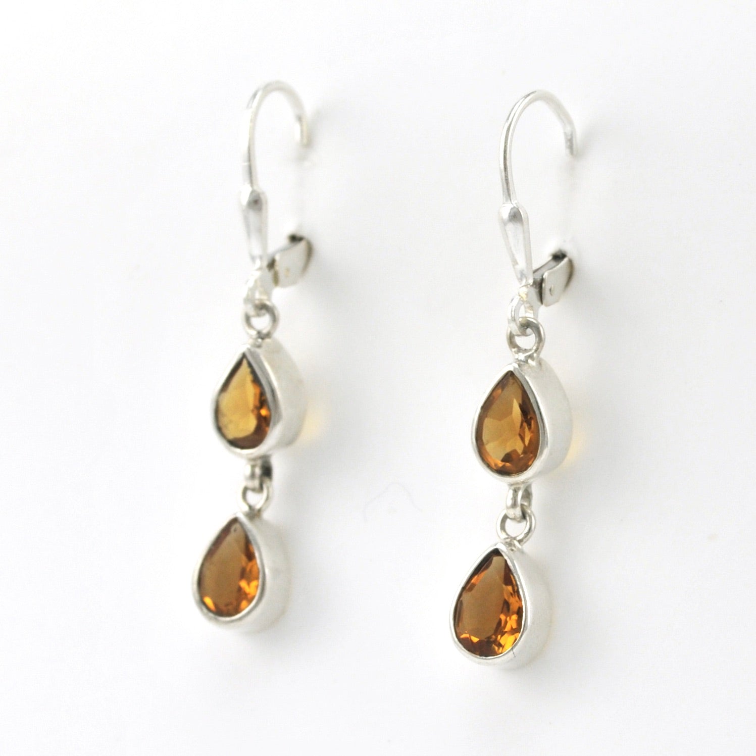 Side View Silver Citrine 2 Tear Dangle Earrings