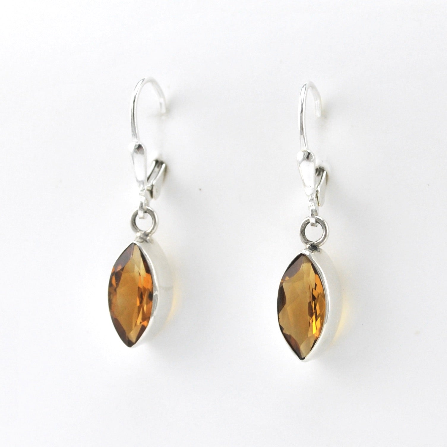 Side View Silver Citrine 6x12mm Marquise Dangle Earrings