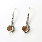 Side View Silver Citrine 7mm Round Bali Dangle Earrings