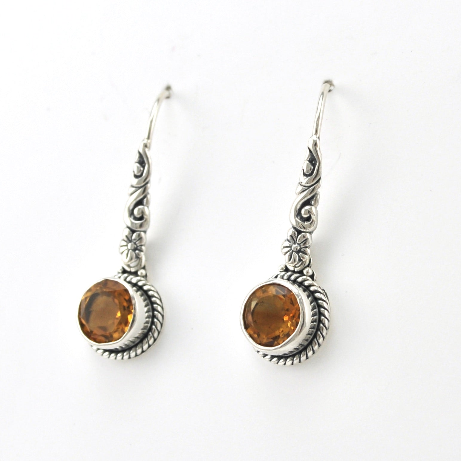 Side View Silver Citrine 7mm Round Bali Dangle Earrings