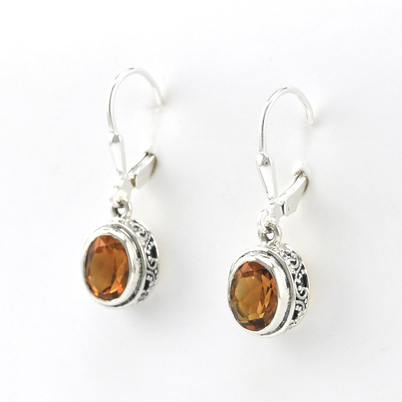 Side View Silver Citrine 7x9mm Oval Bali Dangle Earrings