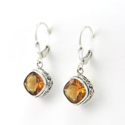 Side View Silver Citrine 8mm Offset Square Bali Dangle Earrings