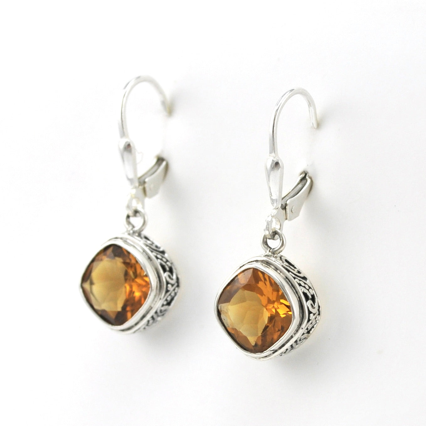 Side View Silver Citrine 8mm Offset Square Bali Dangle Earrings