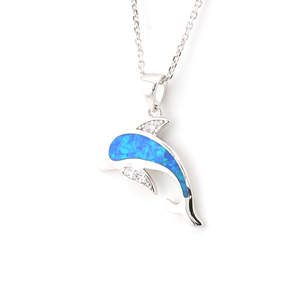 Aide View Silver Created Opal Blue Dolphin Necklace