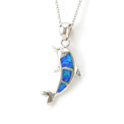 Side View Silver Created Opal Dolphin Necklace
