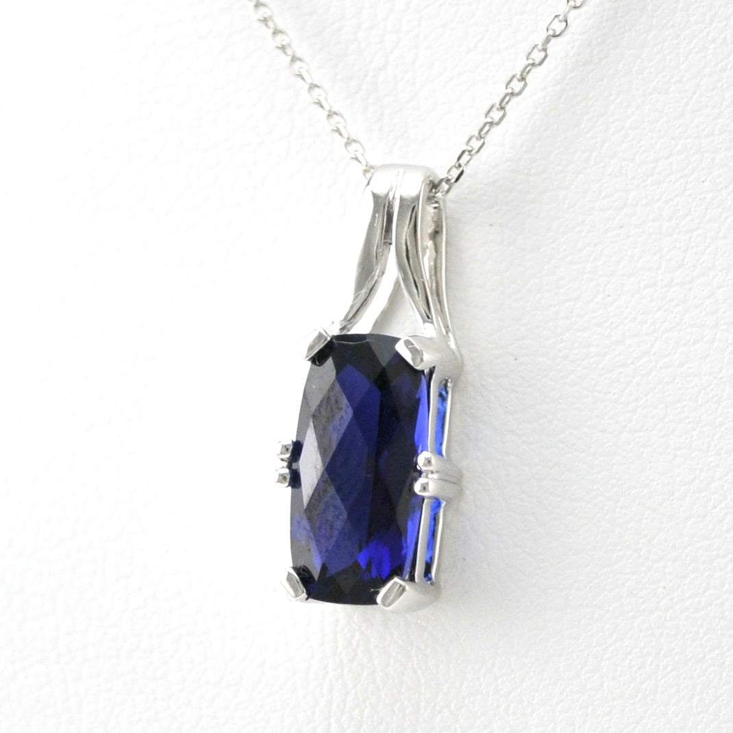 Side View Silver Created Sapphire 3ct Rectangle Necklace