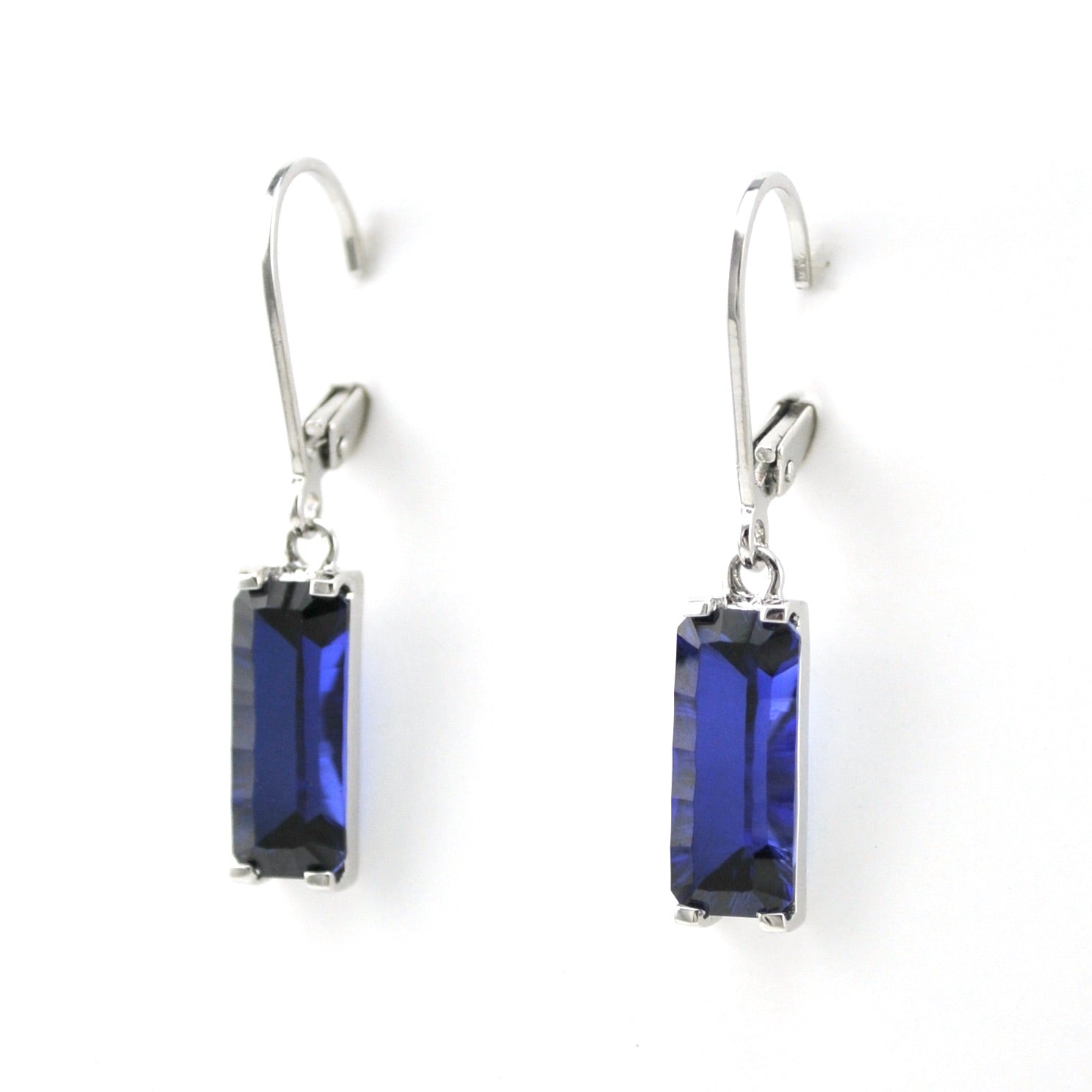 Side View Silver Created Sapphire 4.5ct Rectangle Dangle Earrings