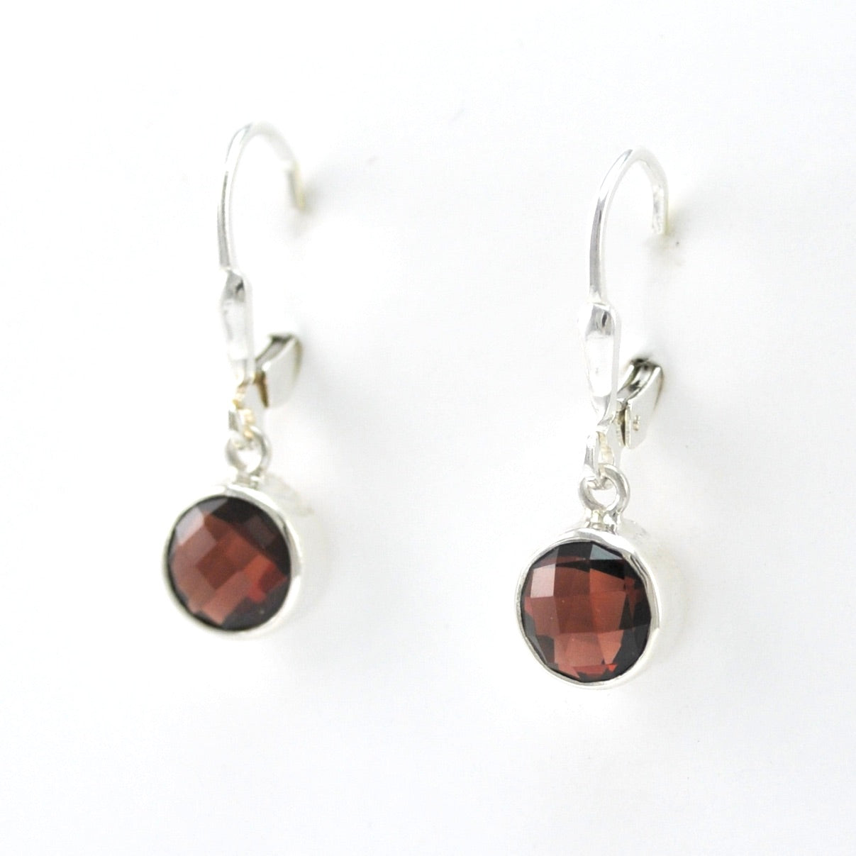 Side View Silver Garnet 6mm Round Dangle Earrings