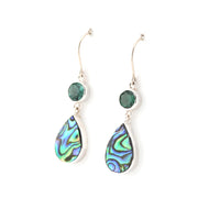 Teardrop-shaped earrings with colorful abalone shell and green gemstones on a white background