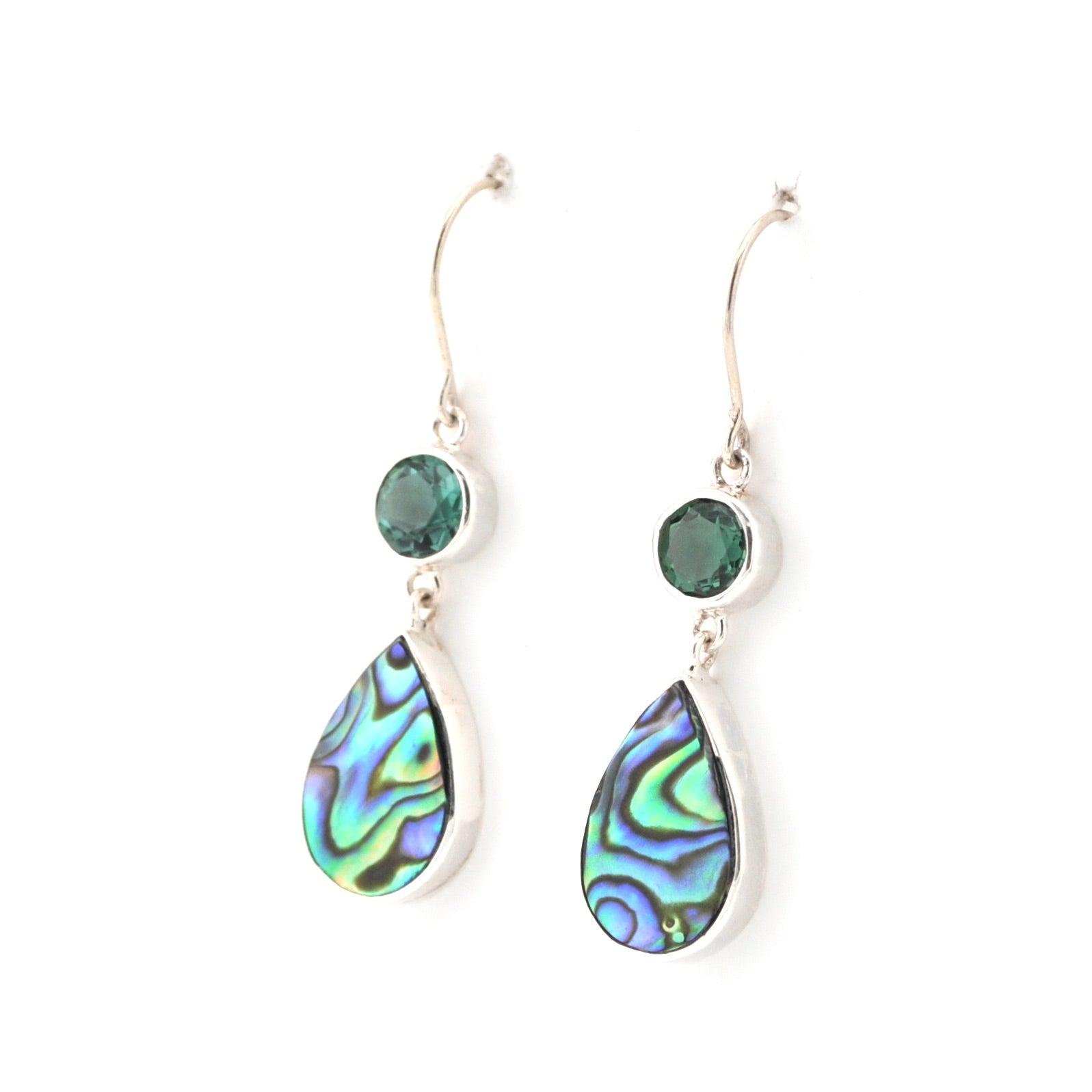 Teardrop-shaped earrings with colorful abalone shell and green gemstones on a white background
