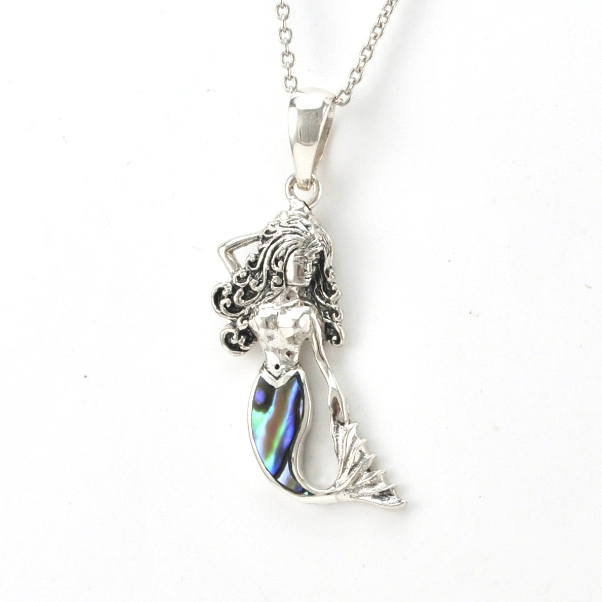 Side View Silver Mermaid with Abalone Tail Small Necklace
