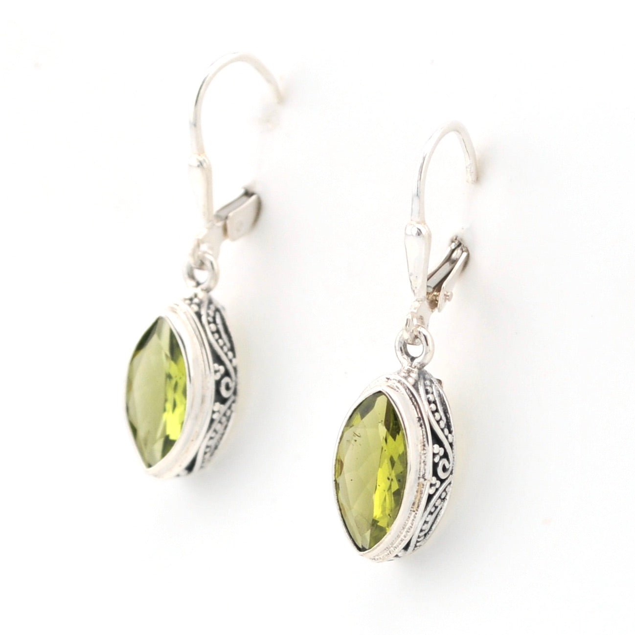 Side View Silver Peridot 6x12mm Marquise Bali Earrings