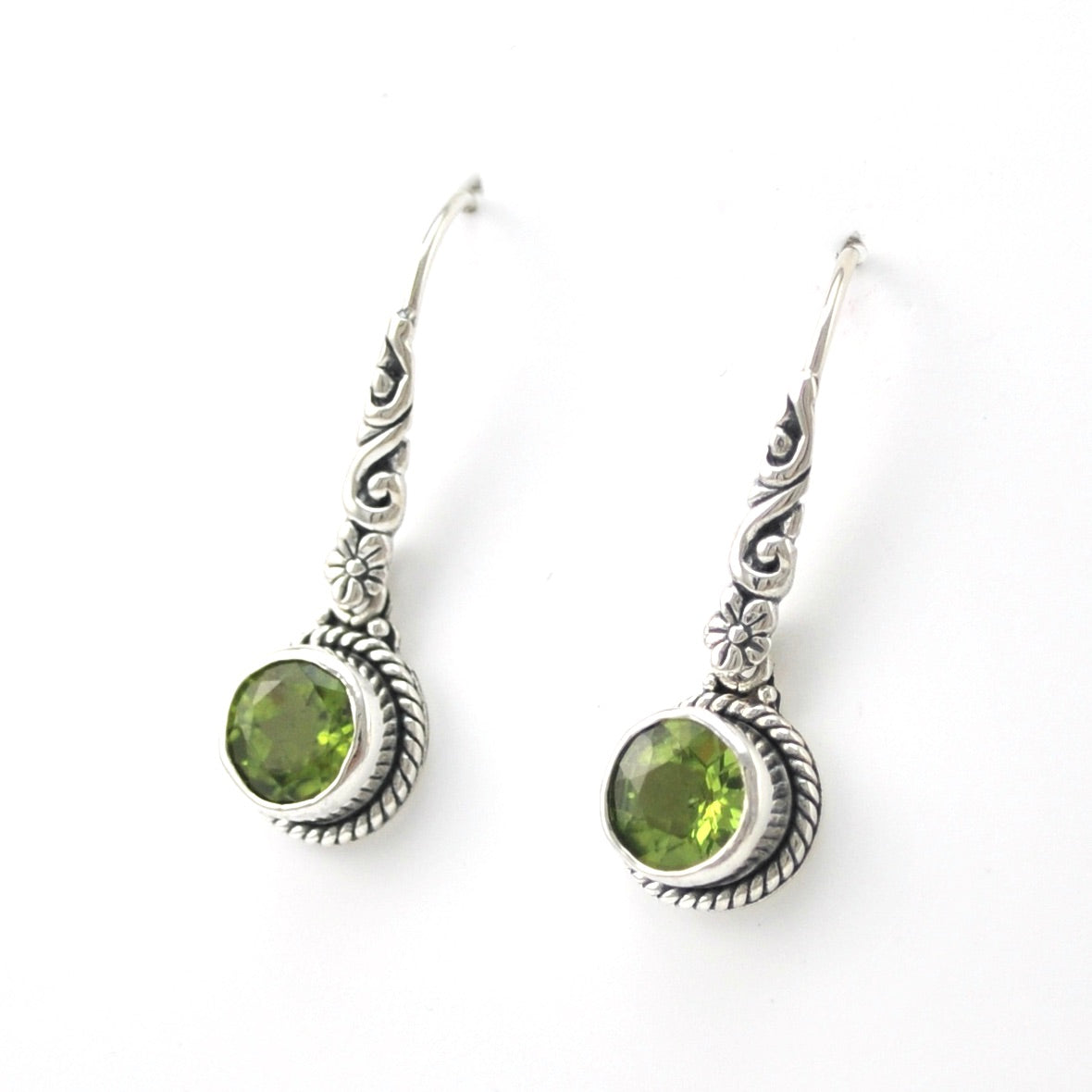 Side View Silver Peridot 7mm Round Bali Scroll Earrings