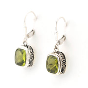 Side View Silver Peridot 7x9mm Rectangle Bali Dangle Earrings