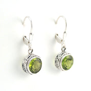 Side View Silver Peridot 8mm Round Bali Dangle Earrings