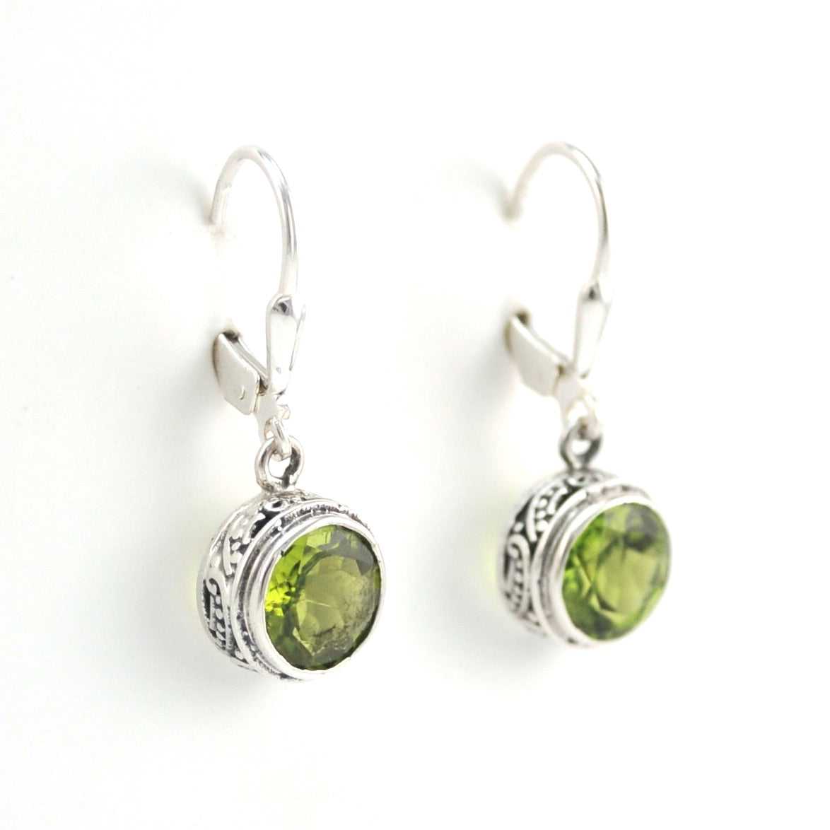 Side View Silver Peridot 8mm Round Bali Dangle Earrings
