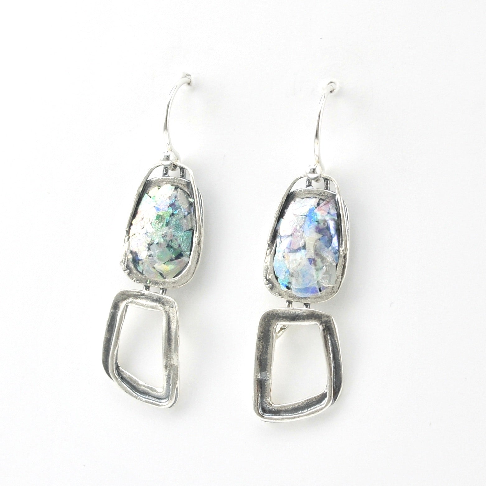 Side View Silver Roman Glass Rectangular Dangle Earrings