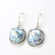 Side View Silver Roman Glass Round Dangle Earrings