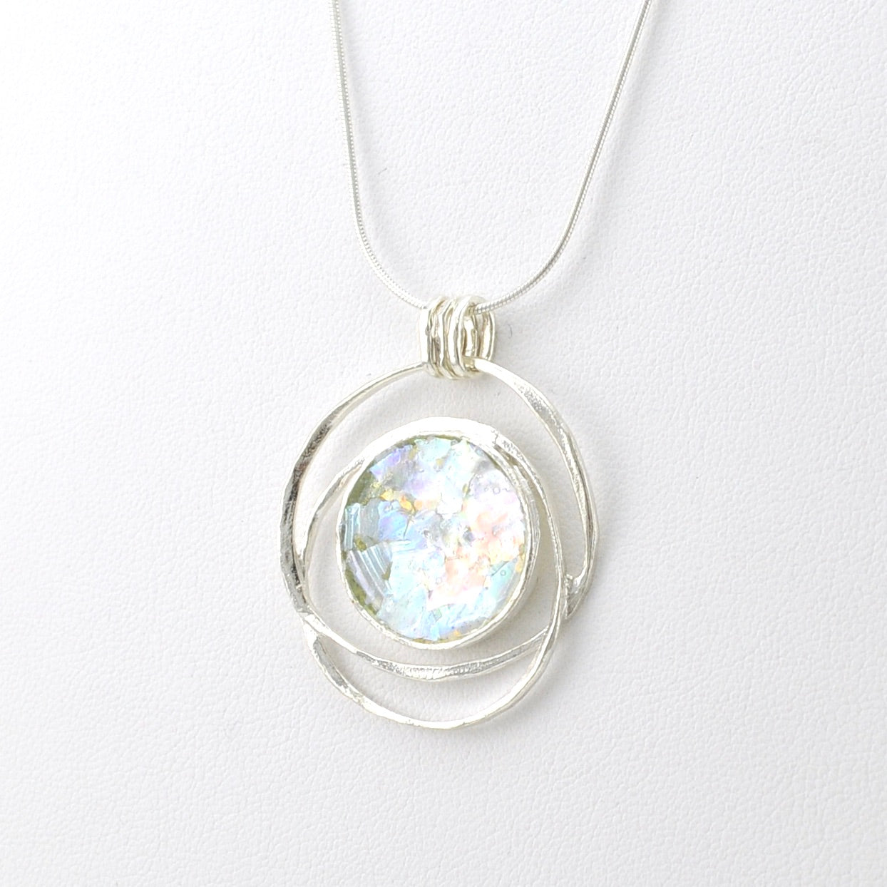 Side View Silver Roman Glass Spiral Circle Necklace